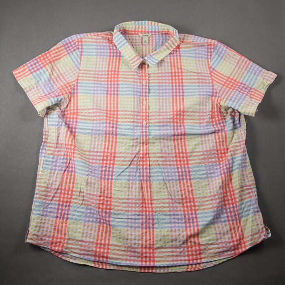 L.L. Bean Seersucker Rainbow Plaid 1/2 Button Shirt Womens XL Short Sleeve - Picture 3 of 14